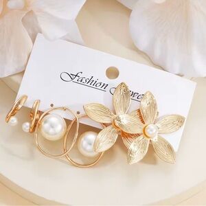 Gold Flower Pearl Hair Clip Set Of 3 Pairs